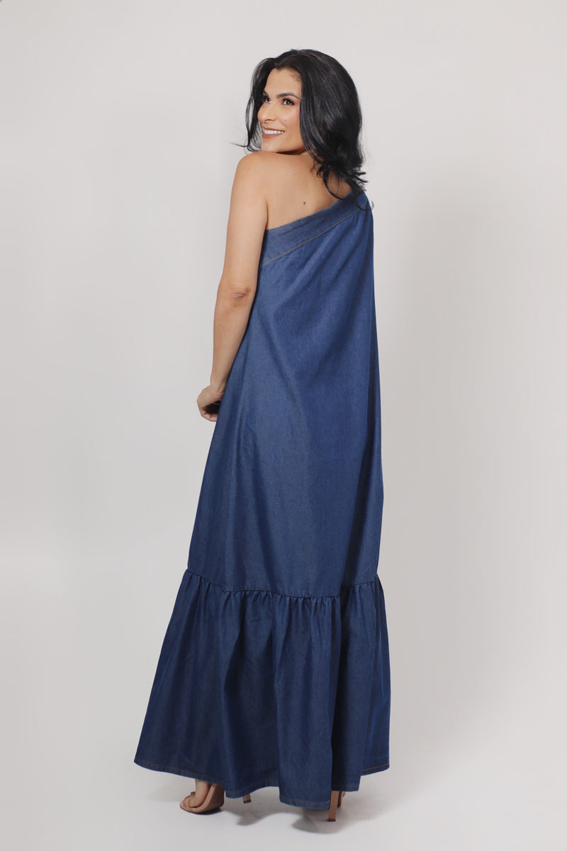 Vestido jeans um ombro