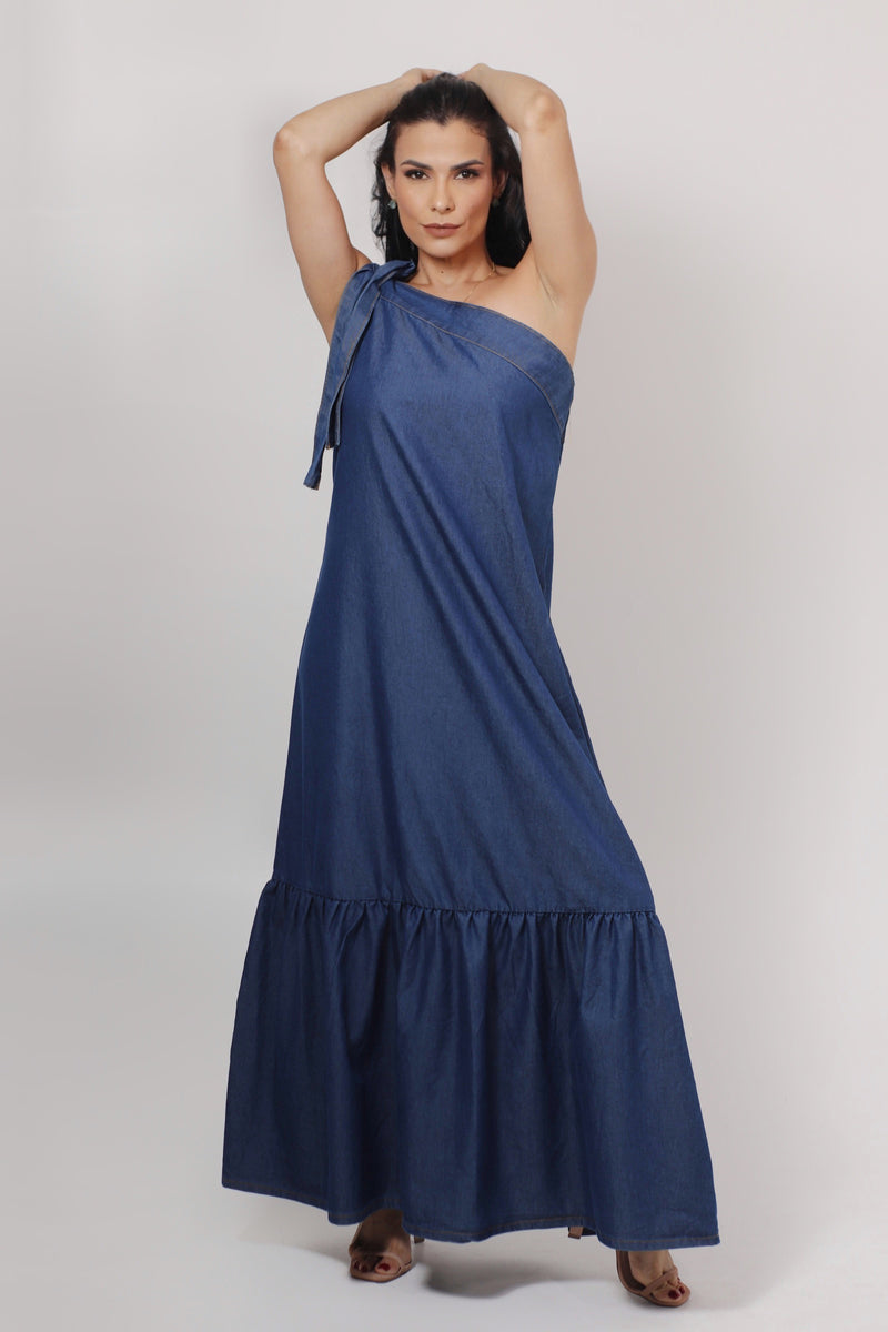 Vestido jeans um ombro