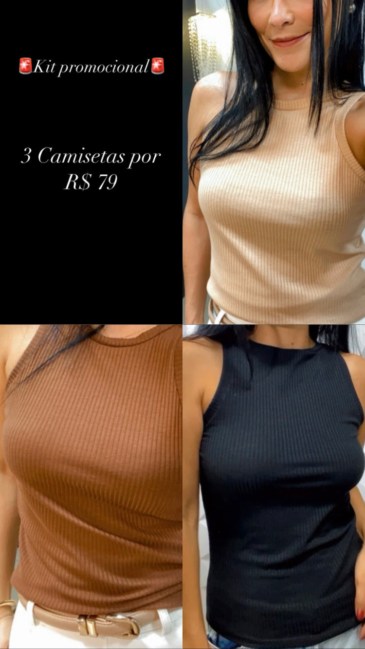 Pack Três Camisetas Canelada Algodão